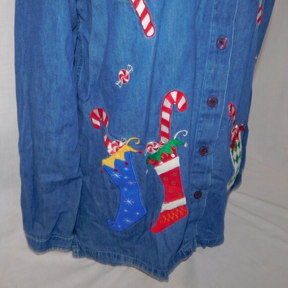 Austin Clothing Co Womens M Christmas Candy Cane Stocking Chambray LS Shirt - Picture 6 of 10